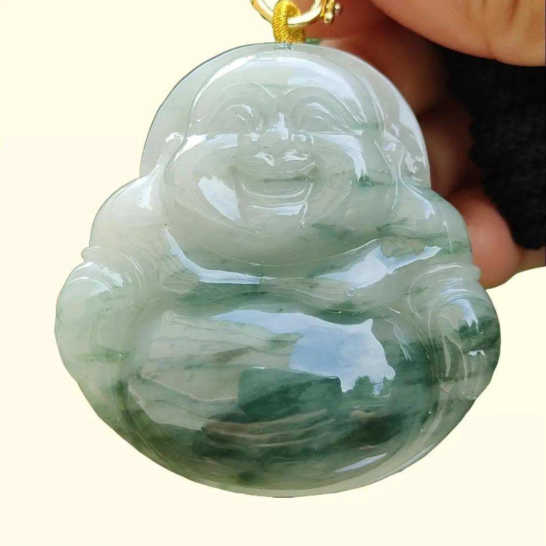 Rare, Hugh, Old Mine Translucent Floating bluish green patches Natural Type A Jadeite Pendant carved as Milo Buddha weight 232.82 grams, 52.83 * 51.18 * 12.18 mm, fine grain crystal aggregate suitable for daily wear with NGI Certificate (pendant143)