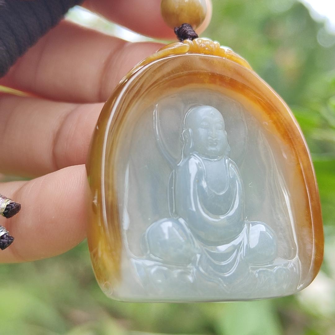 Rare old yellow Natural type A jadeite pendant with certificate carved as buddha seating on lotus weight 26.99 grams, 38.20 * 34.20 * 8.80 mm suitable for daily wear (pendant122)