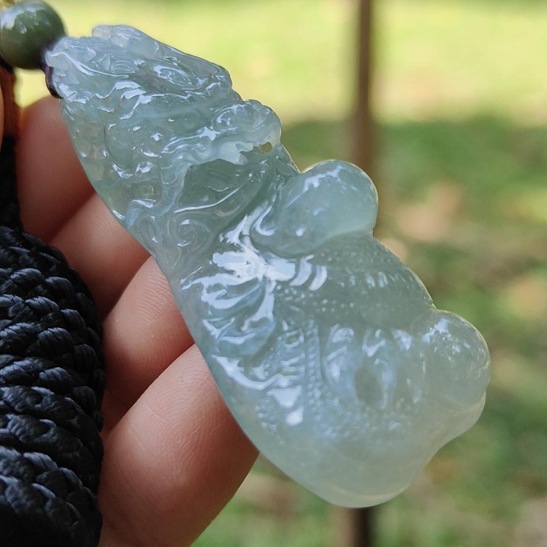 High Quality Beautifully crafted as Dragon with Semi Icy Translucent Natural Type A Jadeite Jade as Pendant, certificate weighs 22.18 grams, measurement 54.6 * 21.5 * 15.7 mm (pendant270)