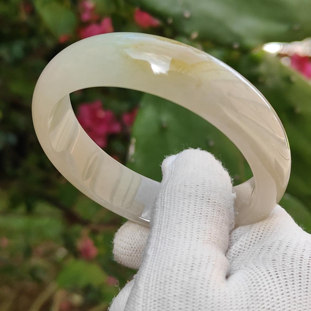 Very Rare Lemon-Yellow Patch Natural Type A Jadeite Jade crafted as Peace Bangle, certificate weighs 58.76 grams, measurement 15.3 * 7.1 * 56.4 mm (bangle9)