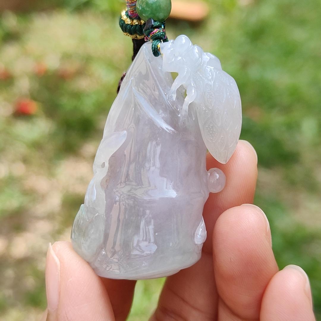 Lavender with little light green Natural Type A Jadeite Jade crafted as Bamboo and Bee as a Pendant, certificate weigh 33.64 grams, measurement 49.7 * 25.1 * 13.2 mm (pendant199)