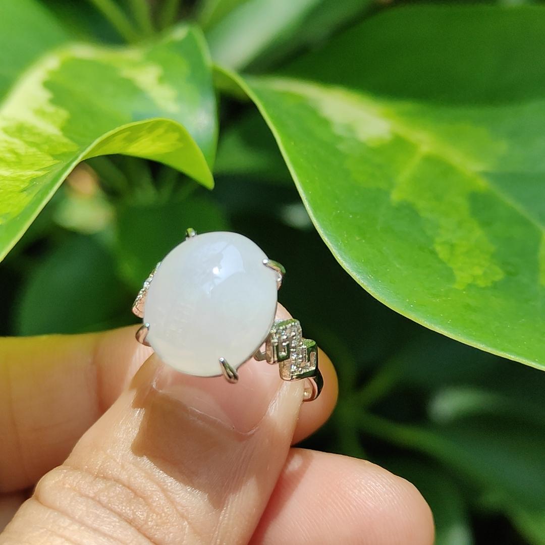 High Quality Semi Icy Cabochon with good Translucency Natural Type A Jadeite Jade set with S925 as adjustable Ring, certificate weighs 2.75 grams, measurement 12.9 * 11 * 4.8 (s925ring15)