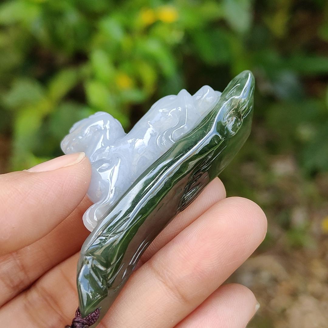 Lavender and Green Natural Type A Jadeite Handheld Piece crafted with Pixiu meaning rich, happiness and good luck with certificate weight 29.97 grams, 61.30 * 10.70 * 34.60 mm, also suitable for display anywhere at home, car or office (hand1)