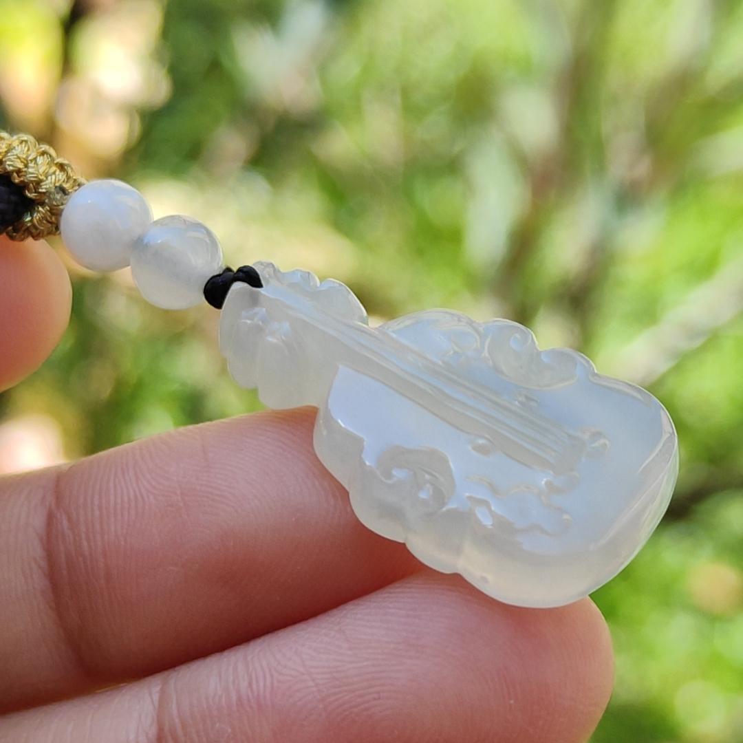 Super Rare Pure White Semi Icy Natural Type A Jadeite Jade crafted as Violin Pendant, certificate weighs 3.92 grams, measurement 27.7 * 15 * 5.3 mm (pendant256)