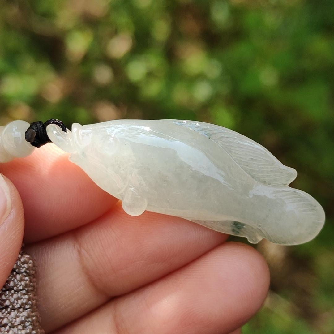 Icy with green patches Natural Type A Jadeite Pendant Necklace crafted with Fish biting Chinese coin, QIC approved labs certificate included weigh 8.7 grams, 43.1 * 15 * 8.1 mm (pendant136)