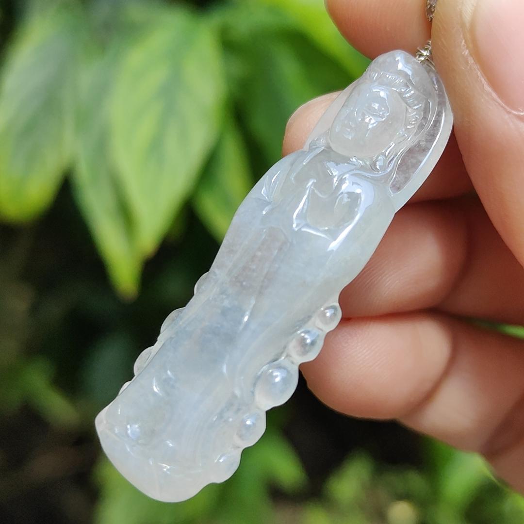 High Quality Icy Translucent Natural Type A Jadeite Jade crafted as Standing Guanyin, S925 clasp added as Pendant, certificate weighs 7.79 grams, measurement 45.7 * 14.8 * 6.3 mm (pendant269)