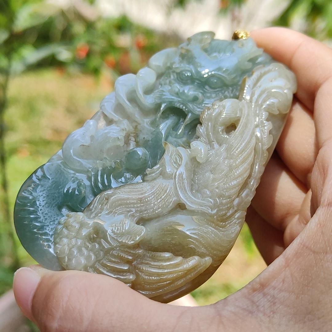 Light Green and Yellow Natural Type A Jadeite Jade Crafted with Dragon and Pheonix as Pendant, Certificate weigh 96.95 grams, measurement 90.2 * 55.7 * 11.5 mm (pendant222)