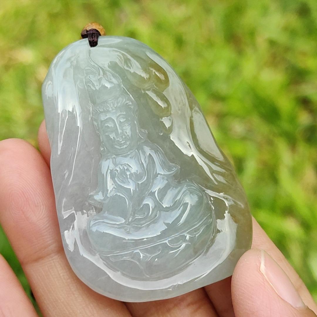 Light Green and Yellow Natural Type A Jadeite Jade Pendant Necklace crafted with Guanyin, certificate included weigh 34.84 grams, Measurement 52 * 35.9 * 11.1 mm (pendant176)