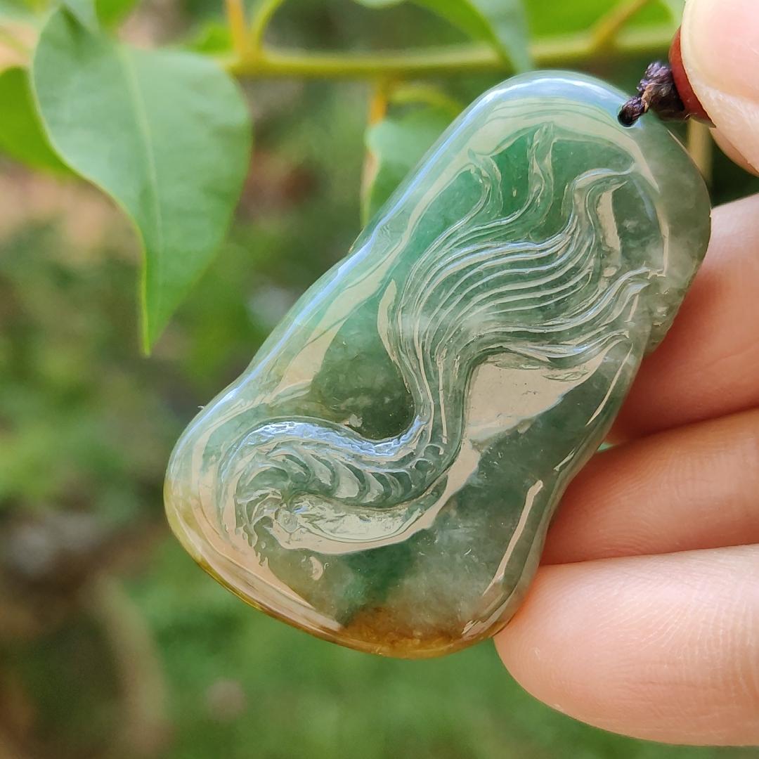 Green and Brown Two Colours Natural Type A Jadeite Pendant carved as Dragon with certificate weighs 33.15 grams, 41.8 * 26.5 * 16.5 mm, meaning Power and dignity, spirit of courage and perseverance, Prosperity and wealth (pendant88)