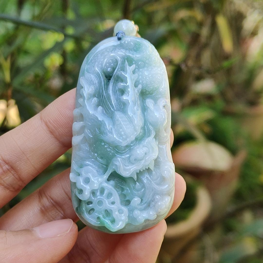 Blueish Green Natural Type A Jadeite Pendant Necklace crafted with Dragon and Fengshui Wheel, with GIC approved certificate weigh 39.57 grams, 58 * 29.8 * 12.6 mm, suitable for daily wear (pendant61)