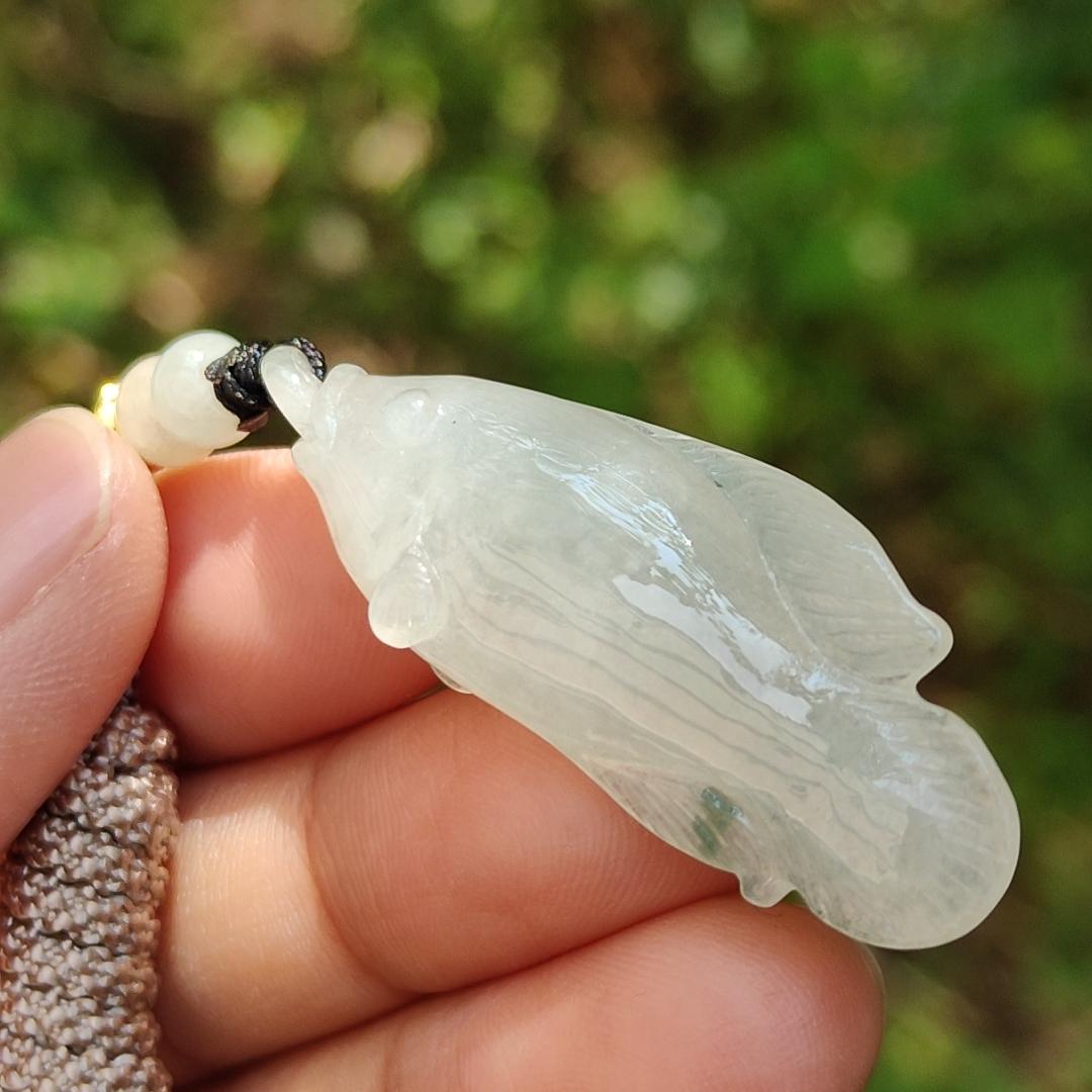 Icy with green patches Natural Type A Jadeite Pendant Necklace crafted with Fish biting Chinese coin, QIC approved labs certificate included weigh 8.7 grams, 43.1 * 15 * 8.1 mm (pendant136)