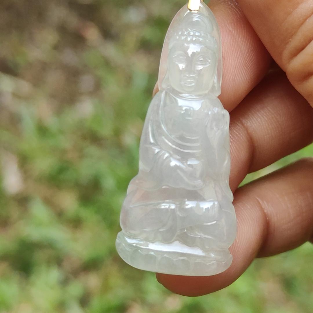 Icy Translucent Natural Type A Jadeite Jade crafted as Buddha with 18k gold clasp as Pendant, certificate weighs 6.78 grams, measurement 41.3 * 17.8 * 6.2 mm (18kp44)