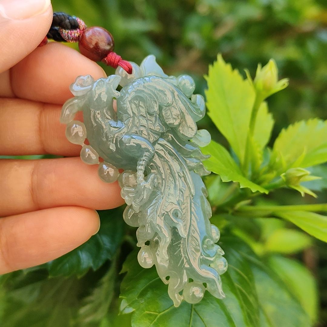 Green Pheonix Natural Type A Jadeite Pendant with certificate weighs 21.83 grams, 58 * 33.9 * 12.1 mm, meaning Endless, brave and strong, not forgetting also represent good luck, suitable for daily wear (pendant87)