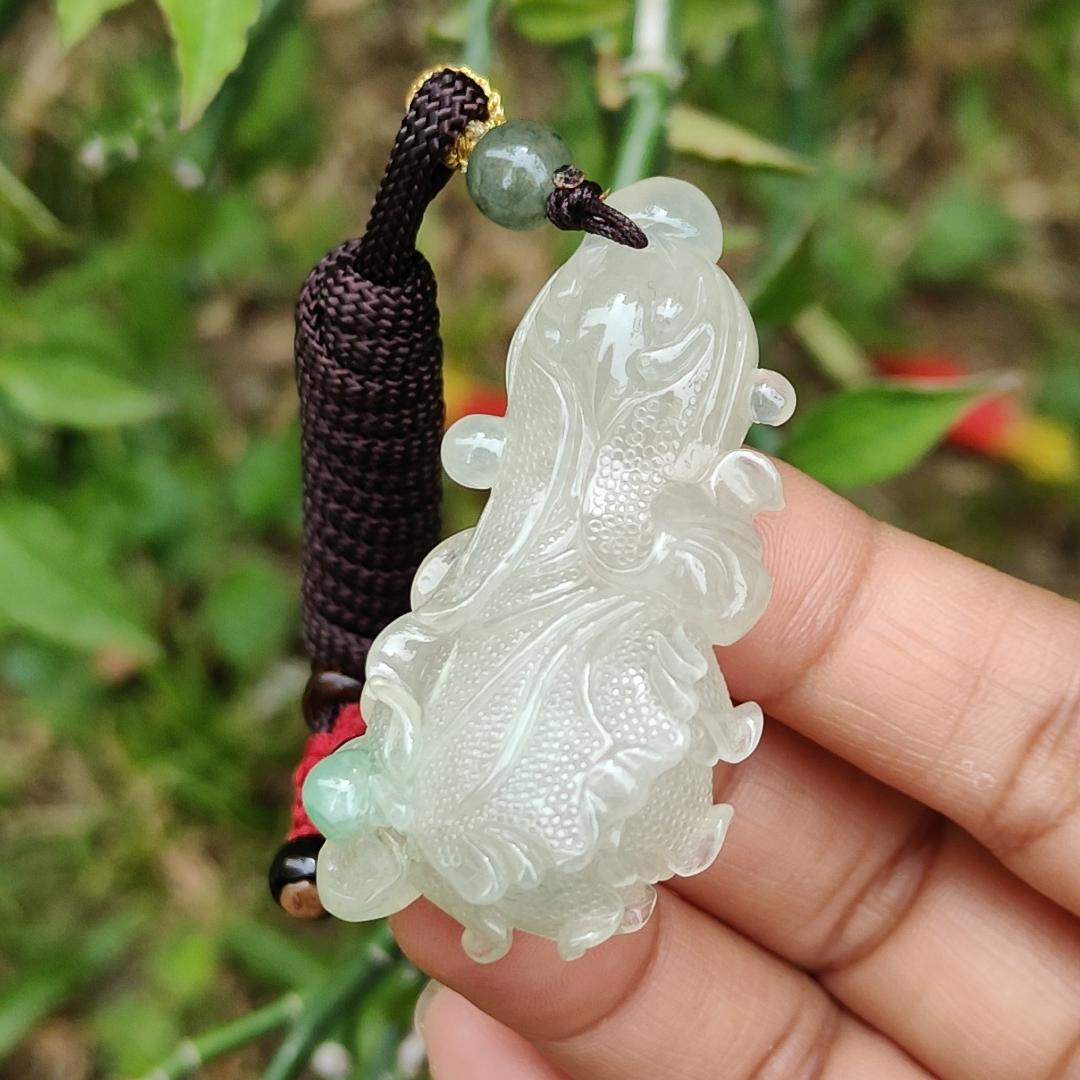 Icy Variety with good translucency and one patch of green crafted as the Chinese cabbage Natural Type A Jadeite Pendant Necklace with certificate weigh 22.88 grams, 51 * 26.3 * 13.8 mm, symbols of Harvest, auspiciousness, wealth and purity (pendant26)