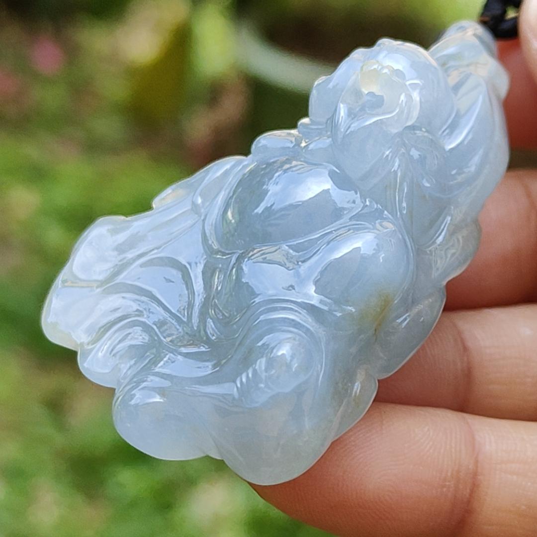 High Premium Light Lavender and Yellow Natural Type A Jadeite Jade crafted with Milo Buddha as Pendant, certificate weighs 49.13 grams, measurement 58.6 * 39.5 * 18.7 mm (pendant284)