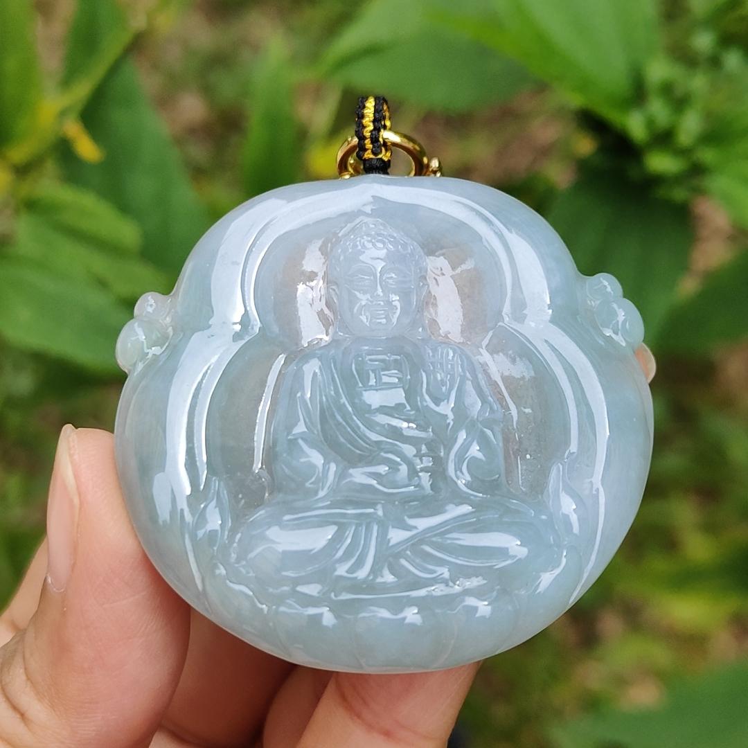 Semi Icy Bluish Green Hue Natural Type A Jadeite Pendant Crafted as Buddha with certificate included weigh 26.65 grams, 48.3 * 48.9 * 7 mm, suitable for daily wear