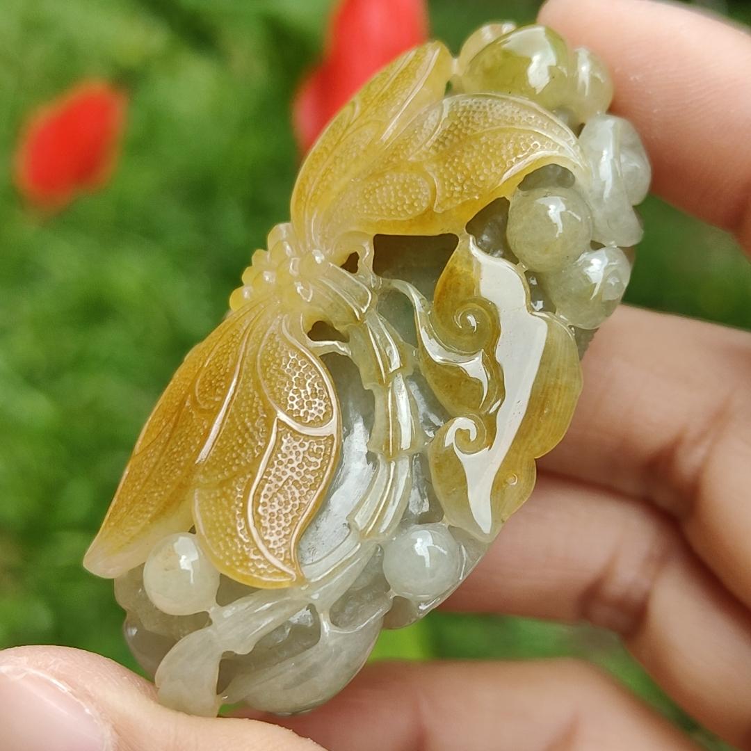 Super Rare High Quality Light Green and Yellow Natural Type A Jadeite Jade crafted with Dragonfly and Ruyi as Pendant, certificate weighs 60.60 grams, measurement 60 * 32.1 * 22.3 mm (pendant260)