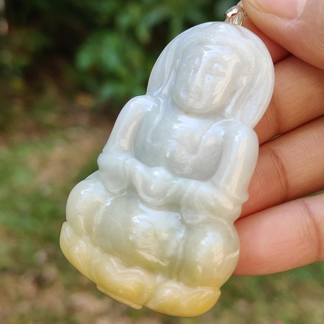 Yellow and White Guanyin Pendant Necklace Natural Type A Jadeite with certificate included weigh 25.08 grams, 59.1 * 38.6 * 7 mm, suitable for your daily wear (pendant6)