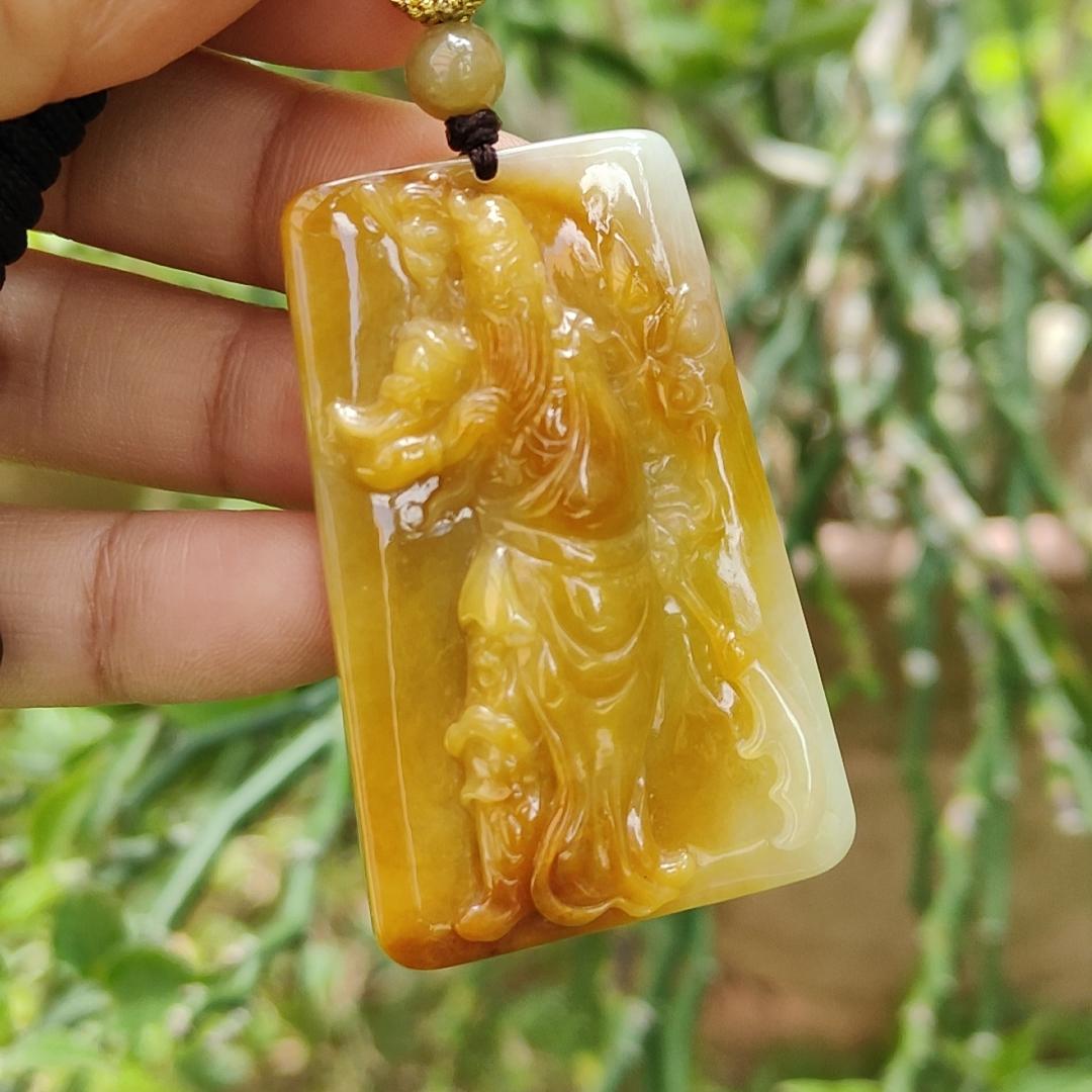 Rare Old Yellow with Red Natural Type A Jadeite Pendant Crafted with Guan Gong come with ceritificate weight 24.70 grams, 49.7 * 32 * 8 mm for Guan Gong collectors (pendant118)