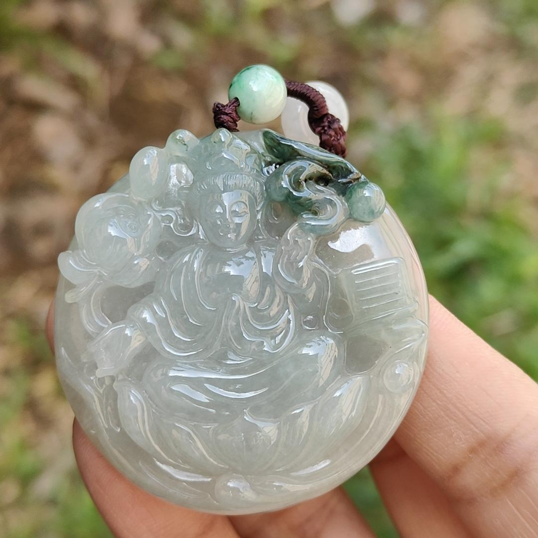 Light Green with Bluish Green Natural Type A Jadeite Pendant Necklace crafted with Guanyin Symbols of Peace, auspiciousness and longevity, certificate included weighs 36.23 grams, 45.8 * 45.8 * 9.1 mm, suitable for daily wear (pendant56)