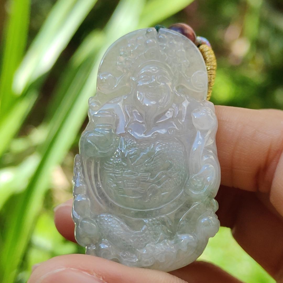 High Quality Icy Translucent Light Green Natural Type A Jadeite Jade crafted with Fortune God as Pendant, certificate weighs 16.37 grams, measurement 50.8 * 29.2 * 6 mm (pendant265)