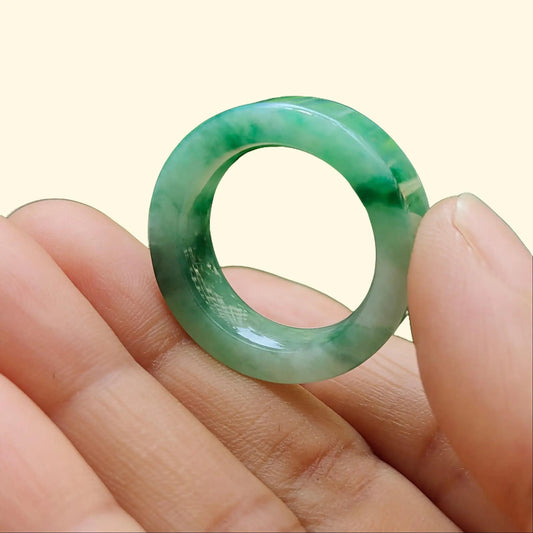 High Quality Green,Green Patches Natural Type A Jadeite Jade crafted as Ring, finger size 19.1mm, QIC approved labs certificate weighs 7.68 grams, measurement 7.7 * 4.4 mm (ring8)