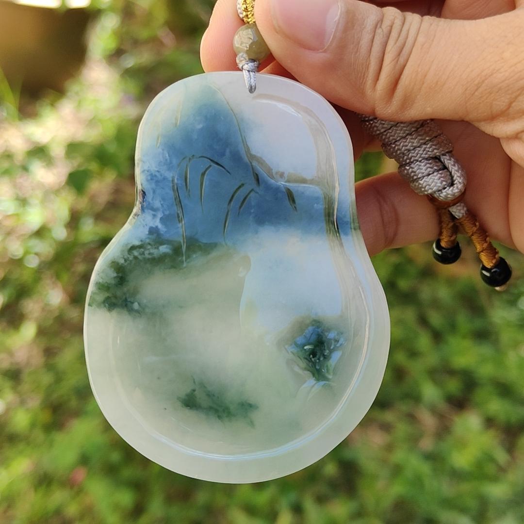 Premium Rare Semi Icy Natural Type A Jadeite crafted with Scenery and Laughing Buddha, certificate included weigh 51.59 grams, 71.8 * 53.1 * 7.5 mm, collector item, (pendant51),