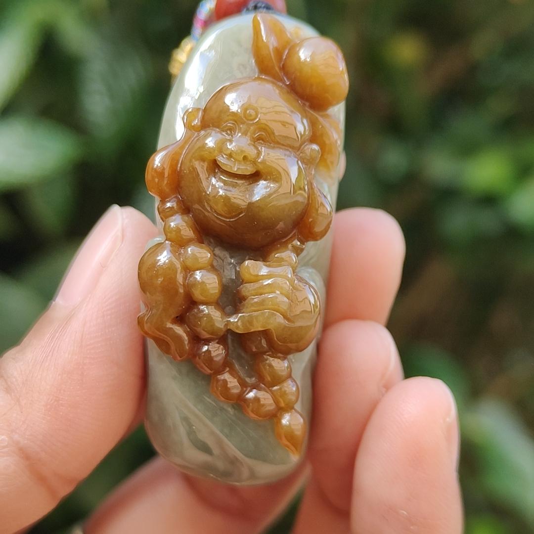 Very Rare Good Quality Reddish Yellow and Light Green Natural Type A Jadeite Jade crafted with Milo Buddha as Pendant with certificate weigh 37.43 grams, measurement 50 * 18.5 * 20.3 mm (pendant235)