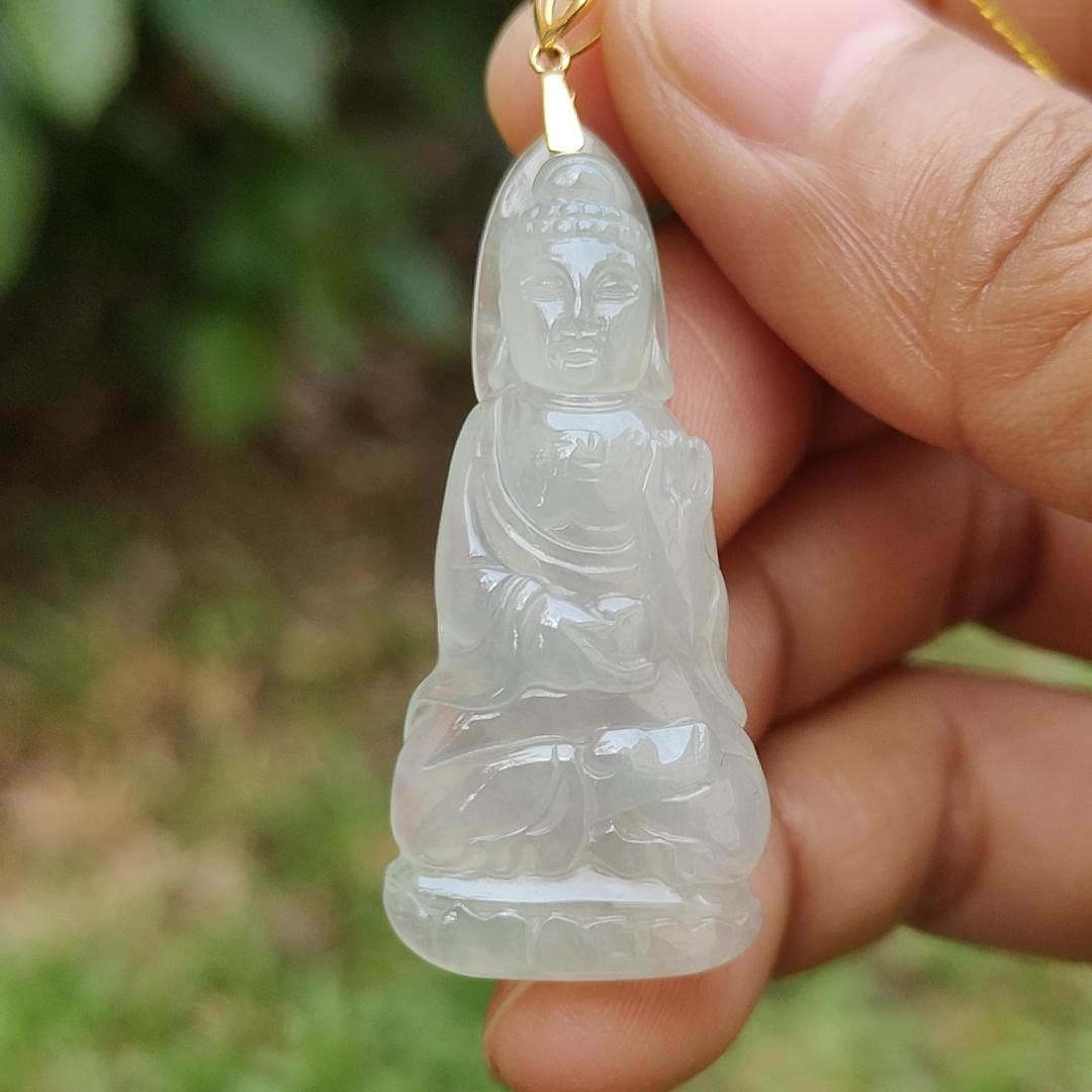 Icy Translucent Natural Type A Jadeite Jade crafted as Buddha with 18k gold clasp as Pendant, certificate weighs 6.78 grams, measurement 41.3 * 17.8 * 6.2 mm (18kp44)