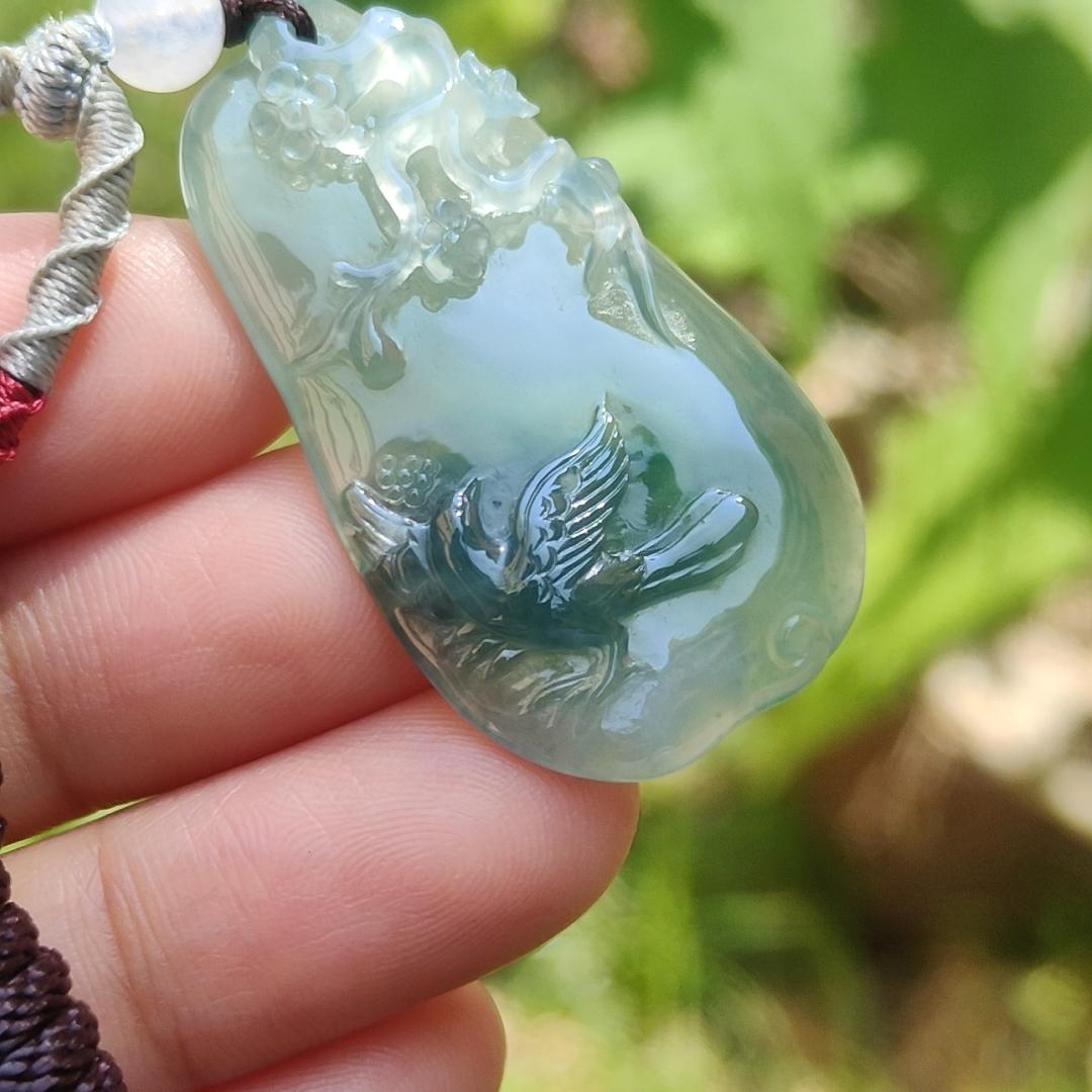 High Premium Quality Icy Green Natural Type A Jadeite Jade Pendant Necklace crafted with bird, flower and tree trunk, certificate included weigh 11.70 grams, measurement 40 * 23 * 6.3 mm (pendant187)