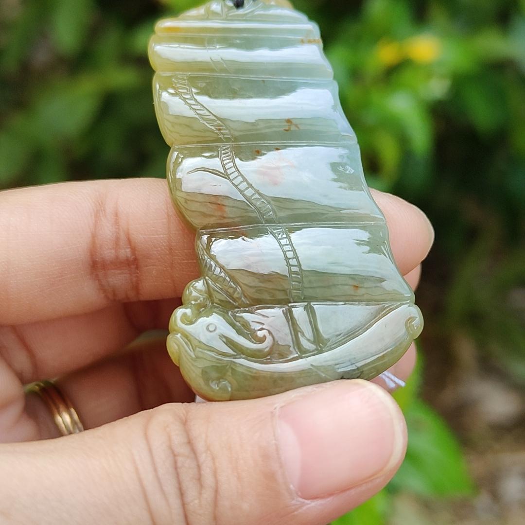 Floating Red and Tea Yellow Natural Type A Jadeite Pendant crafted as Sailboat meaning Smooth sailing in everything, persistence and courage, with certificate weight 18.88 grams, 58.50 * 30.80 * 6.20 mm (pendant109)