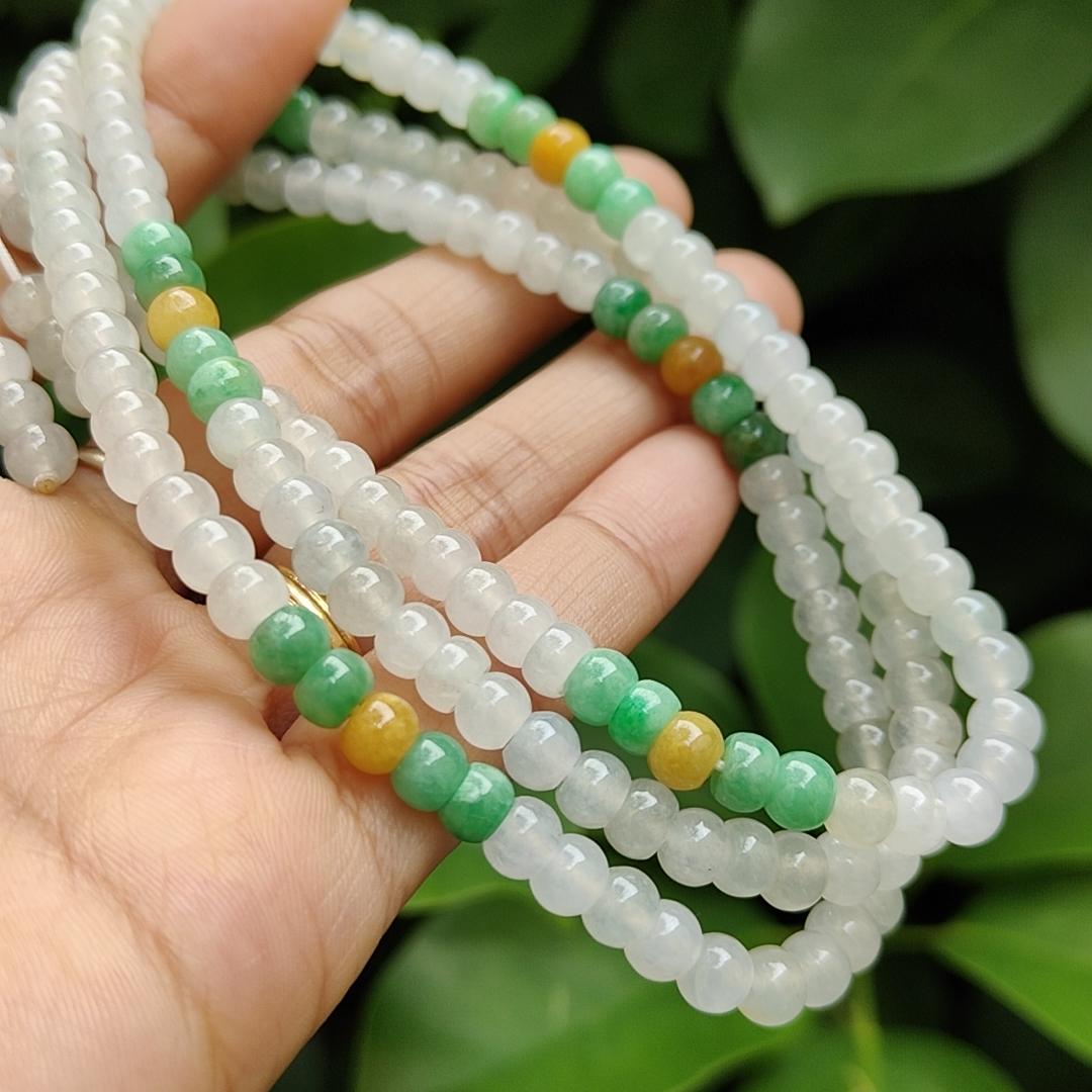 High Quality 90% Perfect 184 drum shape Icy * 154, Green * 24, Yellow * 6 Natural Type A Jadeite Jade Beads as Bracelet Necklace certificate weighs 49.19 grams, measurement 5.7 mm (bracelet29)