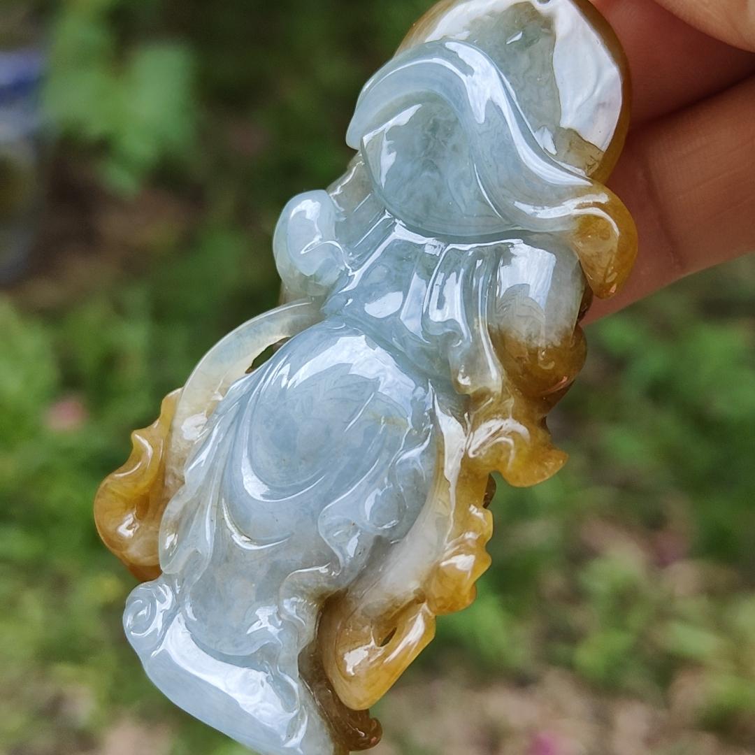 Special Sales - Very Rare Brown and Light Green Natural Type A Jadeite Jade crafted with Guan Gong as Pendant with certificate weigh 66.01 grams, measurement 70 * 43.7 * 18 mm (pendant228)