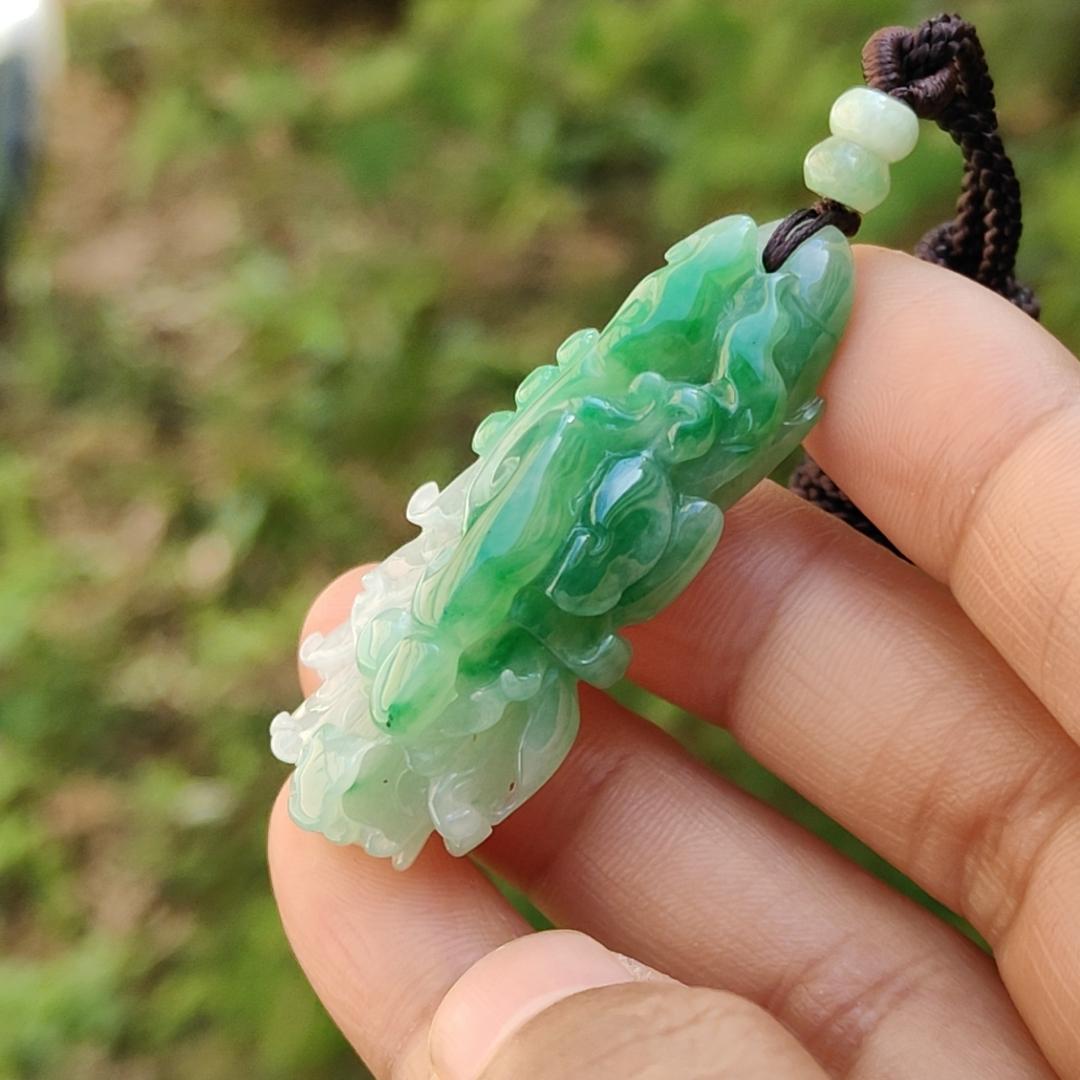 Lots Of Green on this Natural Type A Jadeite Pendant Necklace Crafted as Chinese Cabbage with Ruyi, Symbols of Wealth rolling in, good luck and prosperity, certificate included weigh 15.27 grams, 47.9 * 19.6 * 14.8 mm, (pendant30)