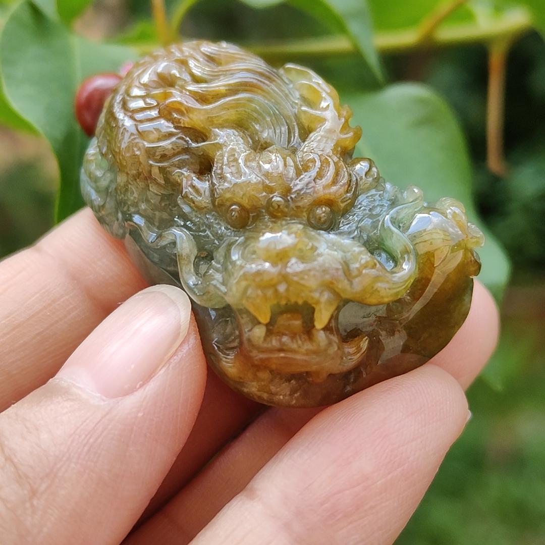 Green and Brown Two Colours Natural Type A Jadeite Pendant carved as Dragon with certificate weighs 33.15 grams, 41.8 * 26.5 * 16.5 mm, meaning Power and dignity, spirit of courage and perseverance, Prosperity and wealth (pendant88)