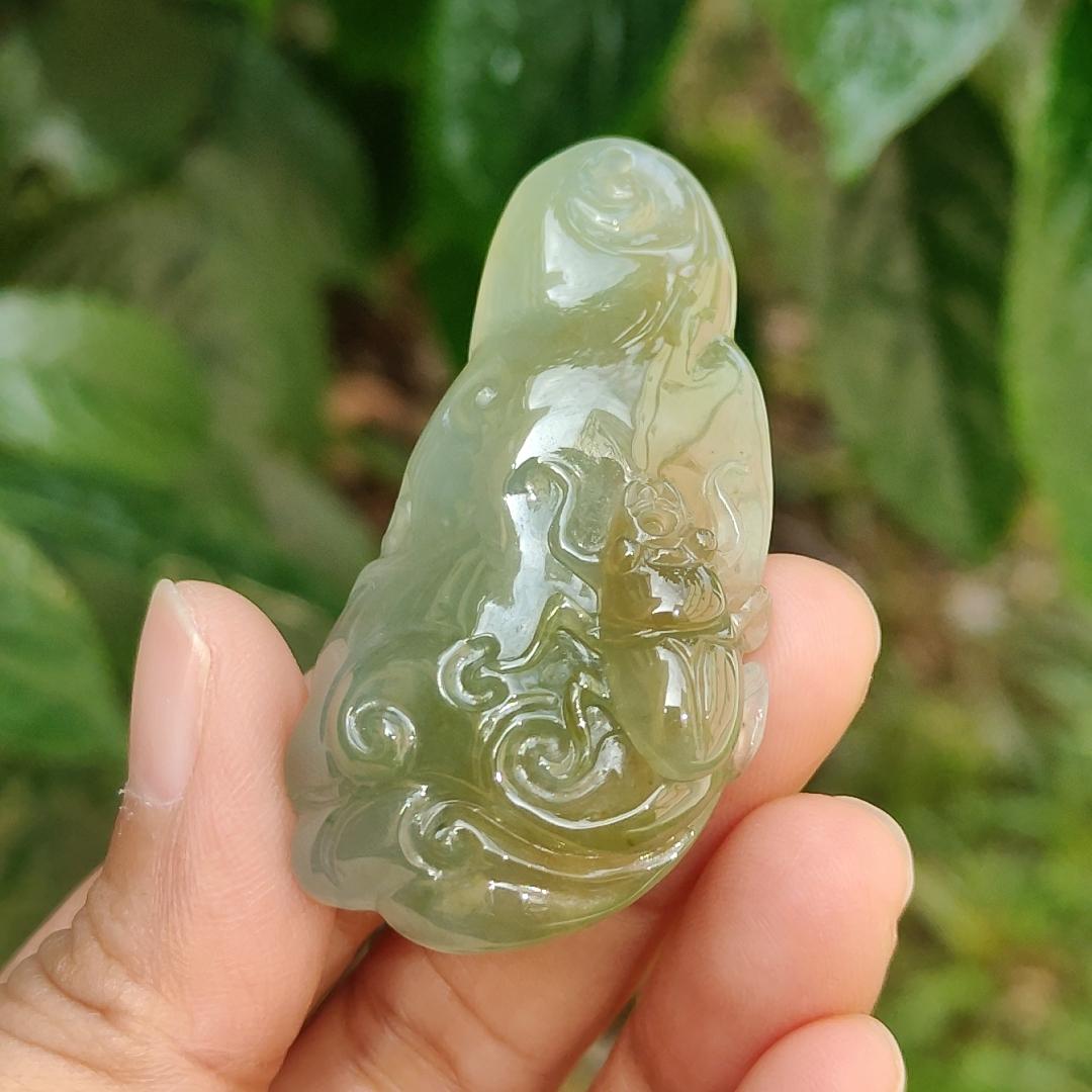 Green and Yellow Natural Type A Jadeite Pendant Necklace Crafted with Ruyi and Beetle, certificate included weigh 23.25 grams, 52.3 * 29 * 9.9 mm, symbols of A steady flow of wealth, protection from danger, safety and health (pendant163)