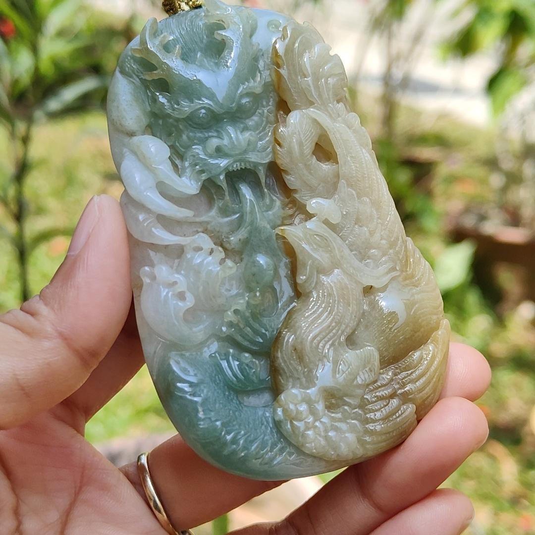 Light Green and Yellow Natural Type A Jadeite Jade Crafted with Dragon and Pheonix as Pendant, Certificate weigh 96.95 grams, measurement 90.2 * 55.7 * 11.5 mm (pendant222)