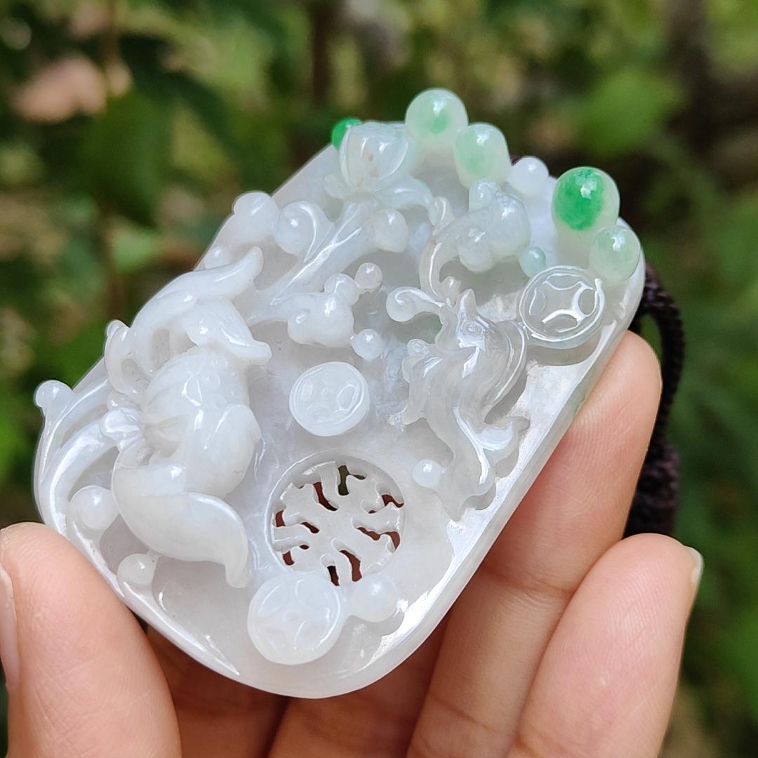 Old school hollow style Green and White Natural Type A Jadeite Jade crafted with flowers and coins as a pendant necklace with certificate weigh 41.56 grams, measurement 56.3 * 43.2 * 11.8 mm (pendant204)