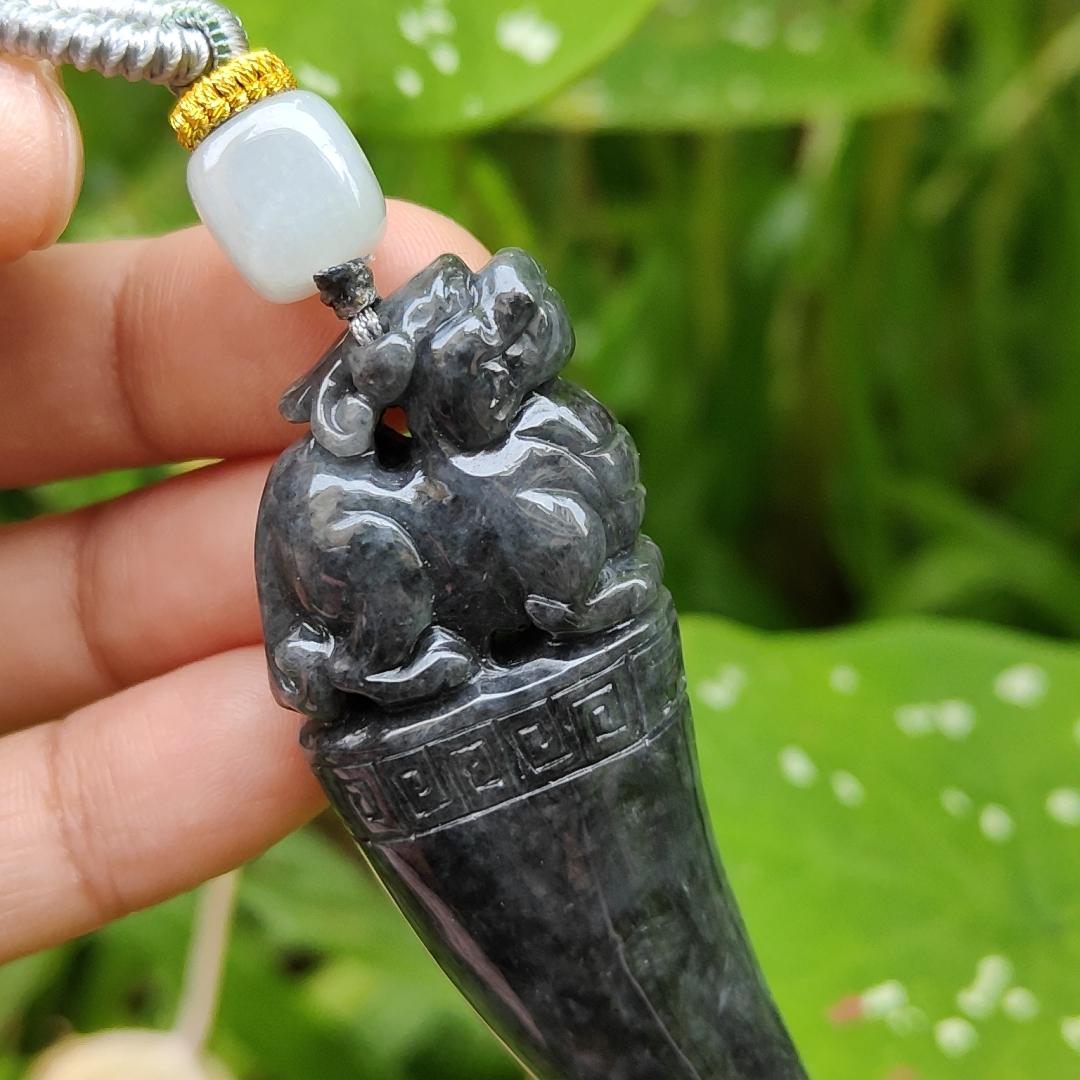 Black Wuji Natural Type A Jadeite Pendant Carved with Dragon Teeth plus Pixiu come with certificate weight 30.85, 70.3 * 23.1 * 13 mm (pendant100)