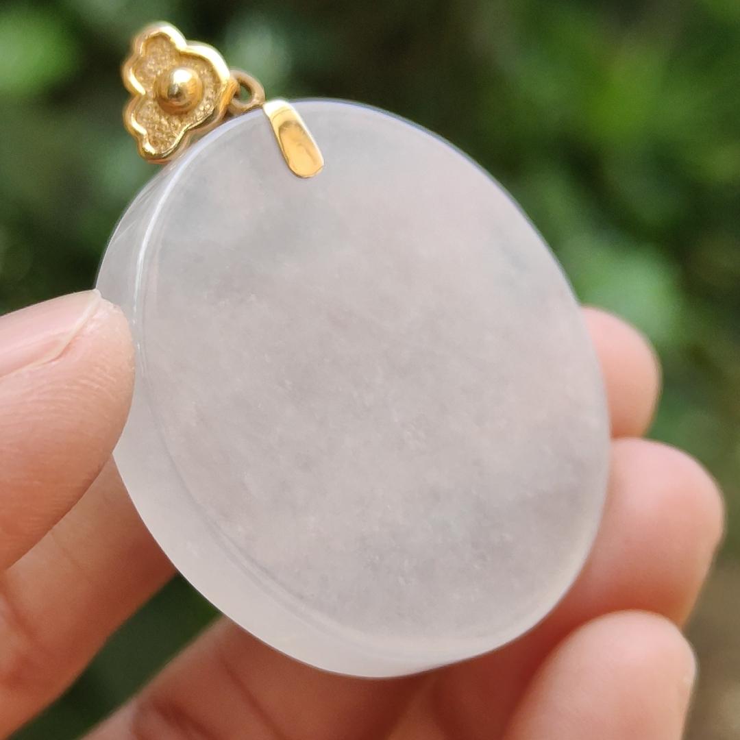 Mid-Year Special - Semi Icy Translucent Natural Type A Jadeite Jade crafted with round shape as Pendant with 18k Gold Clasp, certificate weigh 18.24 grams, measurement 35.2 * 5.5 mm (18kp32)