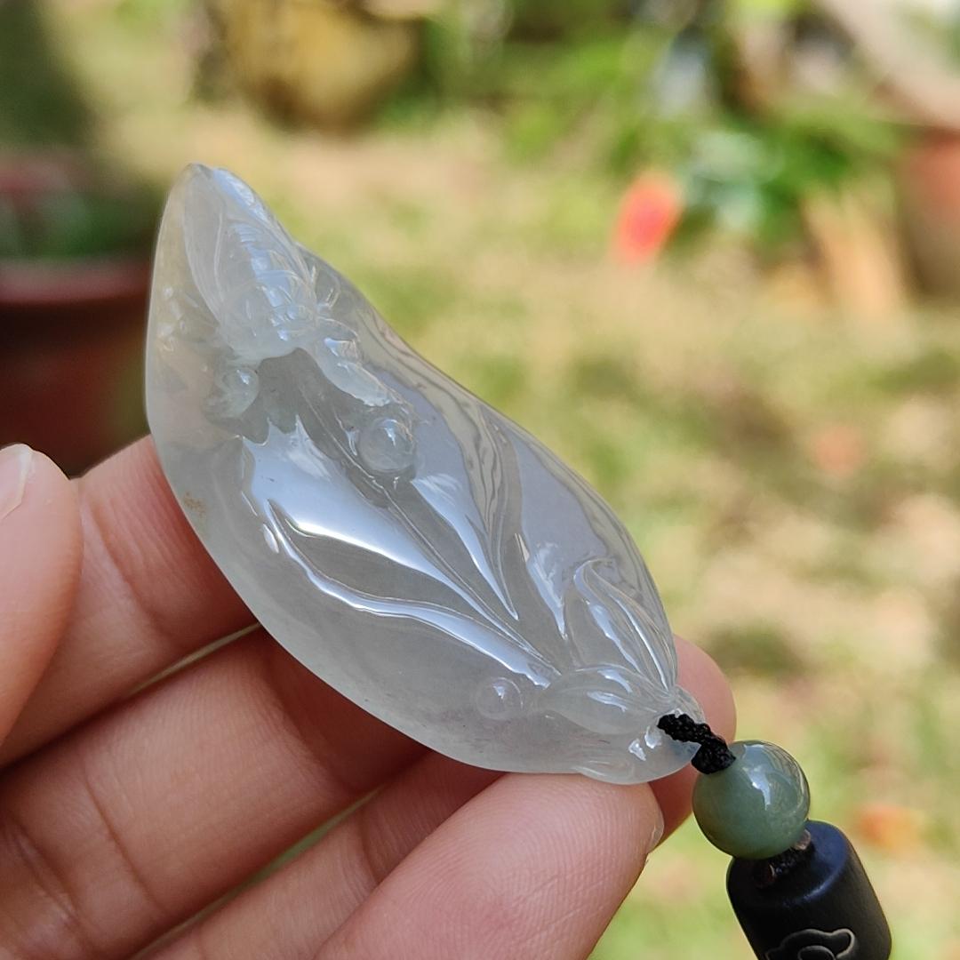 Icy Translucent with Yellow Patches Natural Type A Jadeite Jade crafted with leaf and Cicada as a Pendant, certificate weigh 13.68 grams, measurement 52 * 21.7 * 11.8 mm (pendant224)