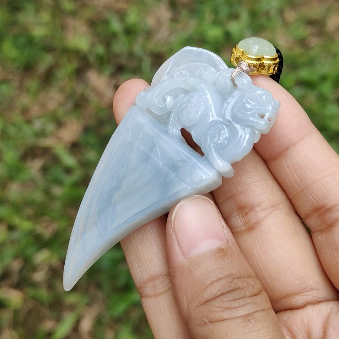 Bluish Light Lavender Natural Type A Jadeite Pendant crafted as Dragon Teeth with Pixiu and Ruyi, the symbols of Wealth and good luck, certificate weighs 27.63 grams, 67.3 * 33.2 * 7.8 mm, very suitable for daily wear (pendant58)