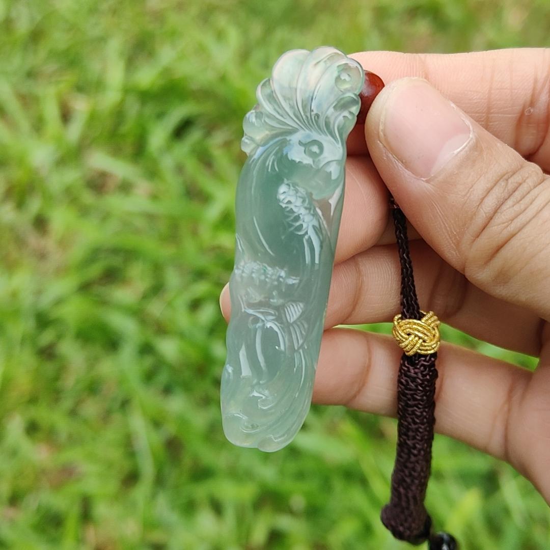 Semi Icy Good Translucency Green Natural Type A Jadeite Pendant Necklace crafted as the parrot, symbols of Wise and brave, heroic and mighty, with certificate weigh 10.82 grams, 57.8 * 16.3 * 7.1 mm (pendant24)