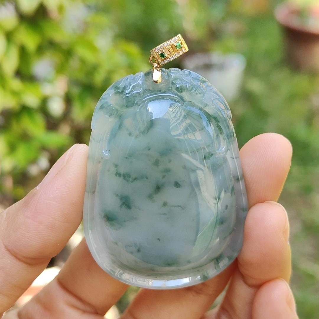 Double Dragon Floating Green Flower clouds 18k gold Natural Type A Jadeite pendant  with NGI Gemstone report carved as wu shi pai weight 34.82 grams , 53.06 * 38.86 * 9.37 mm , Translucent Very Fine Grain with patches of bluish green (18kp3)