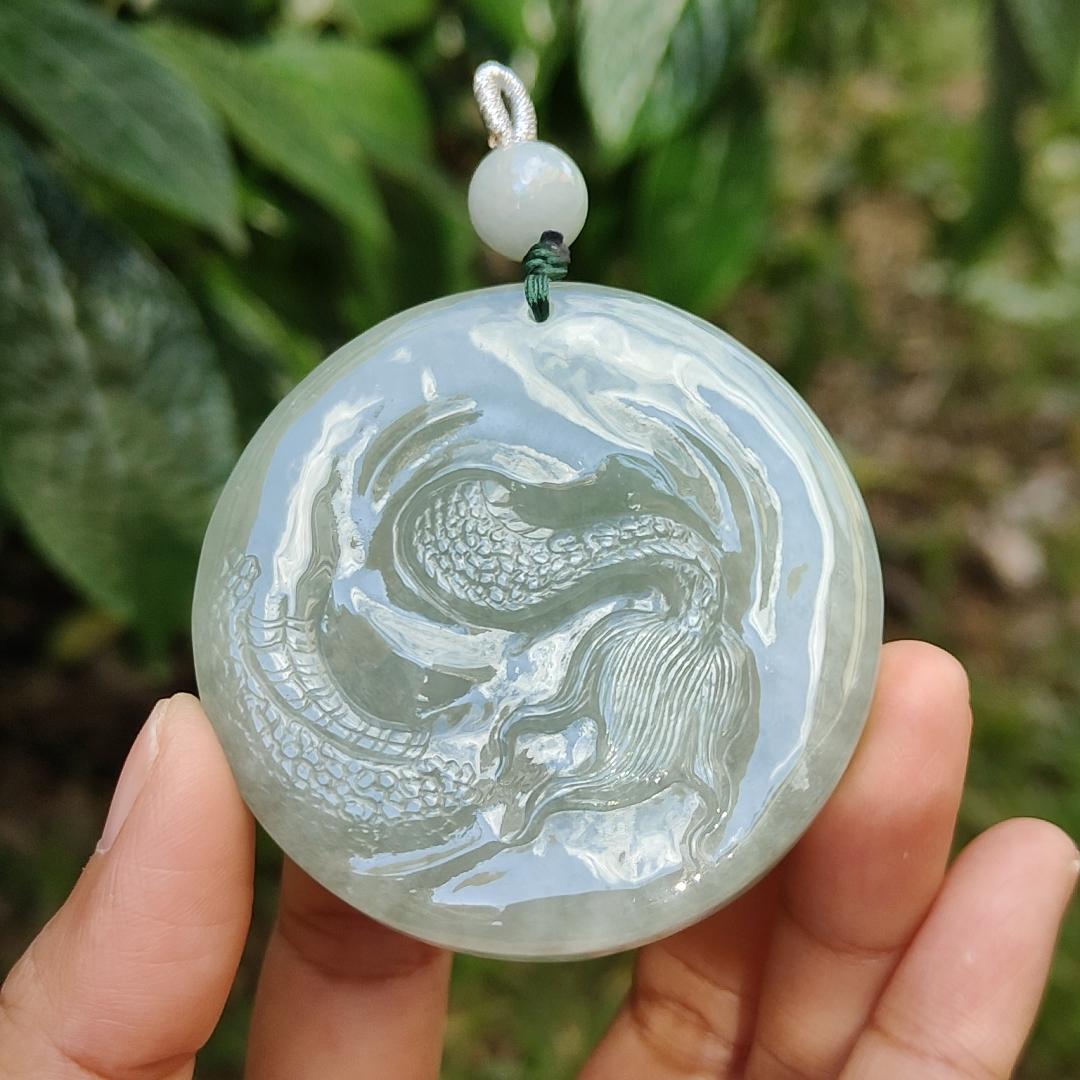 Premium Full Light Green Natural Type A Jadeite Jade Pendant Necklace crafted with Dragon with good glossy shines, certificate included weigh 77.81 grams, 55.5 * 55.5 * 13.8 mm (pendant169)