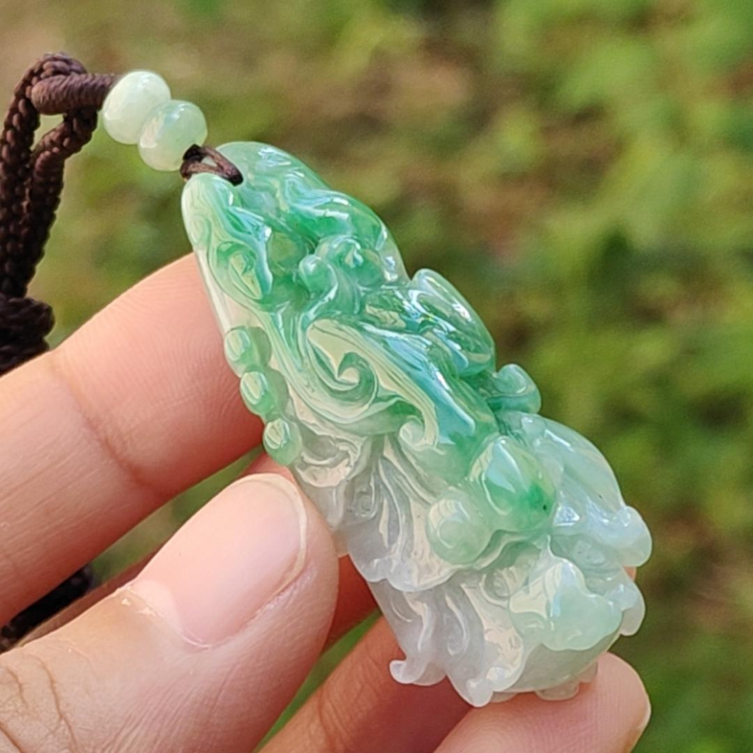 Lots Of Green on this Natural Type A Jadeite Pendant Necklace Crafted as Chinese Cabbage with Ruyi, Symbols of Wealth rolling in, good luck and prosperity, certificate included weigh 15.27 grams, 47.9 * 19.6 * 14.8 mm, (pendant30)