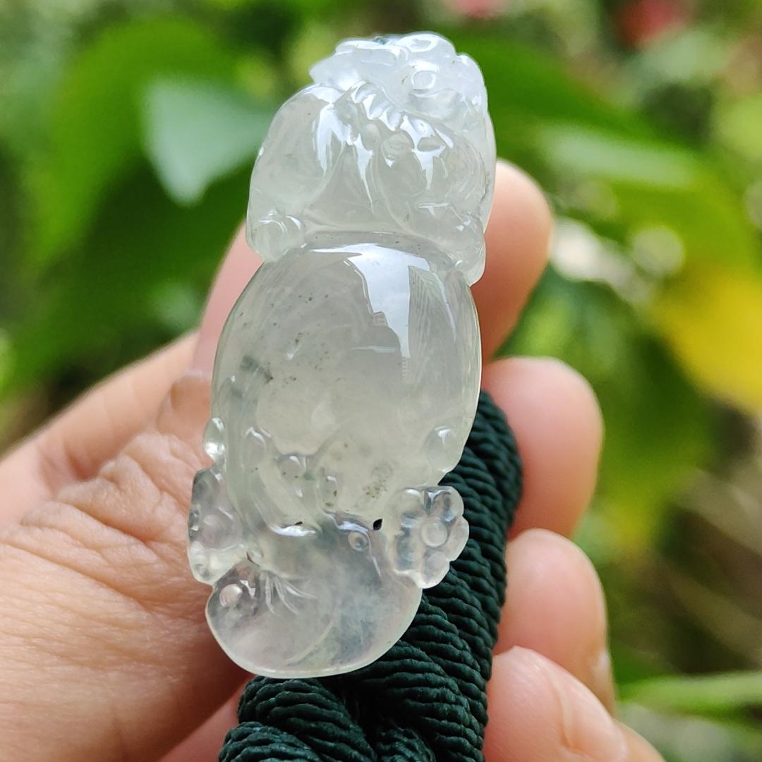 High Quality Icy Translucent Natural Type A Jadeite Jade crafted with Pixiu as Pendant, certificate weighs 6.86 grams, measurement 36.5 * 14.5 * 7.6 mm (pendant261)