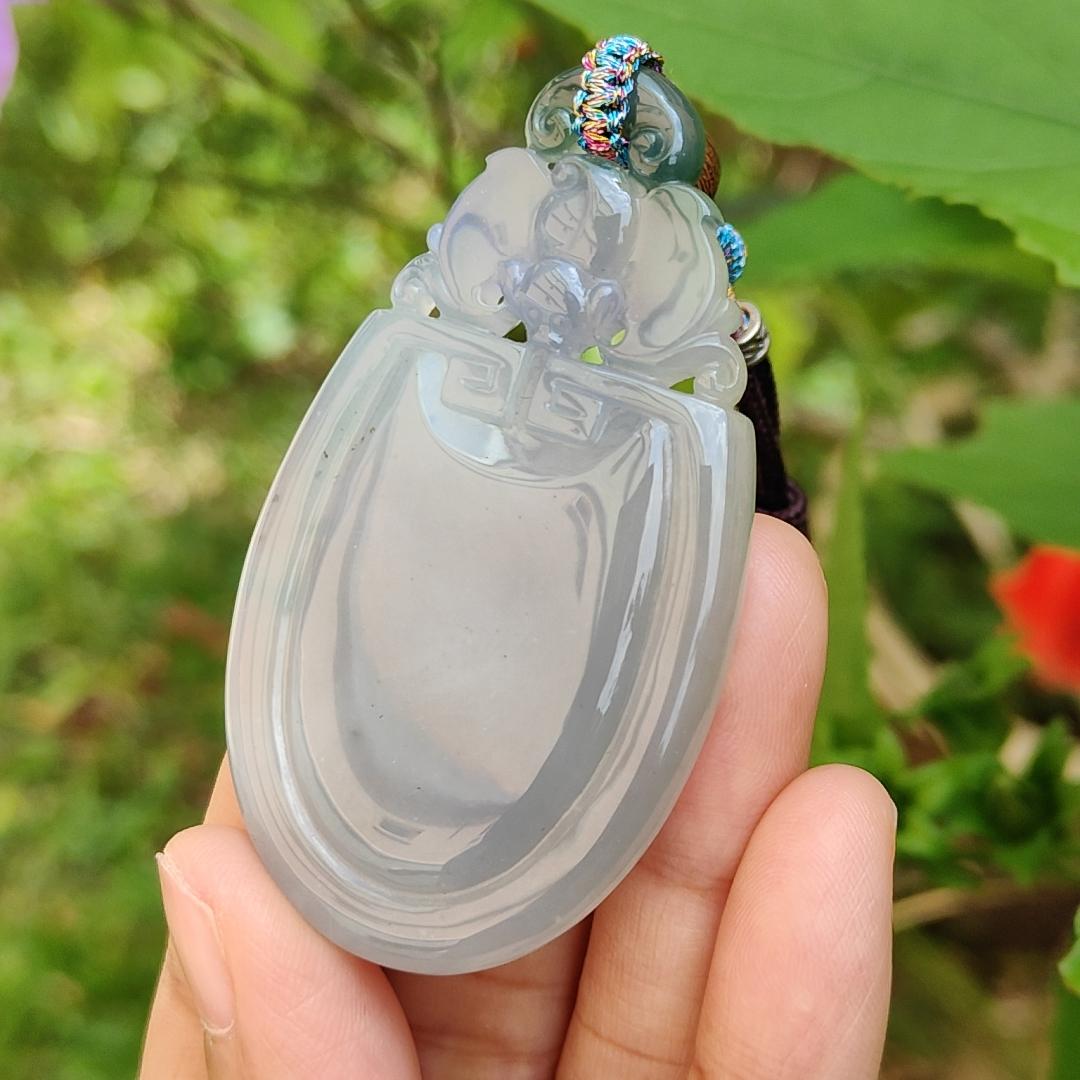 Green and Lavender Icy Translucent Crafted with Bat and Chinese Old School Patterns Natural Type A Jadeite with certificate included weigh 30.17 grams, 63.3 * 35.5 * 7 mm, suitable for daily wear or collections