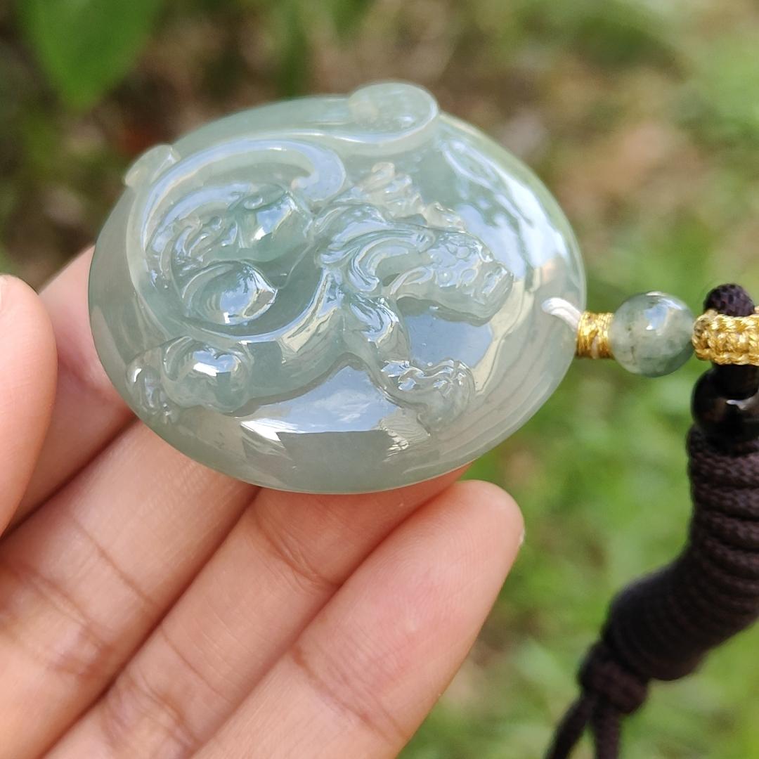 Premium Quality Light Green Natural Type A Jadeite Jade Pendant Necklace crafted with Old School Style Dragon, certificate included weigh 29.48 grams, measurement 42 * 42 * 11 (pendant174)