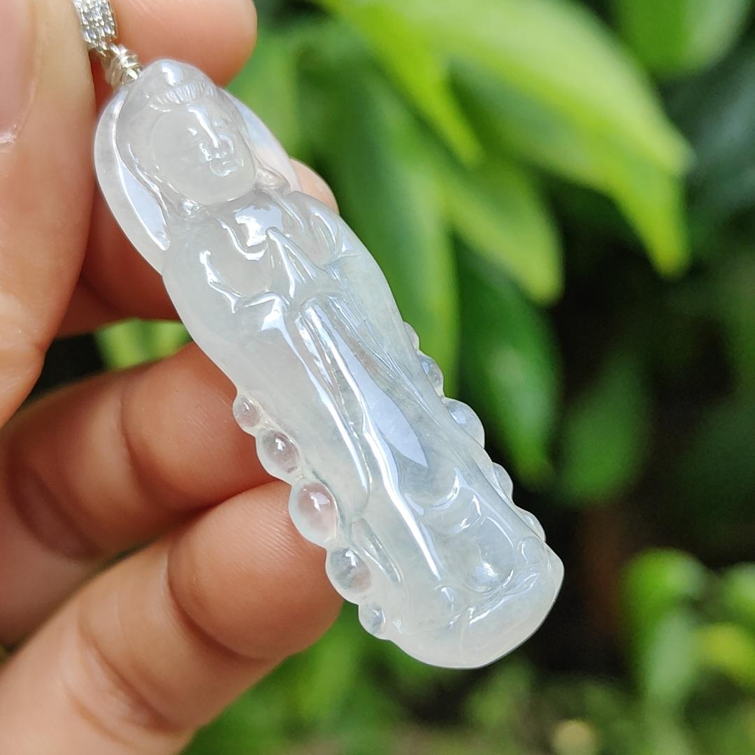 High Quality Icy Translucent Natural Type A Jadeite Jade crafted as Standing Guanyin, S925 clasp added as Pendant, certificate weighs 7.79 grams, measurement 45.7 * 14.8 * 6.3 mm (pendant269)